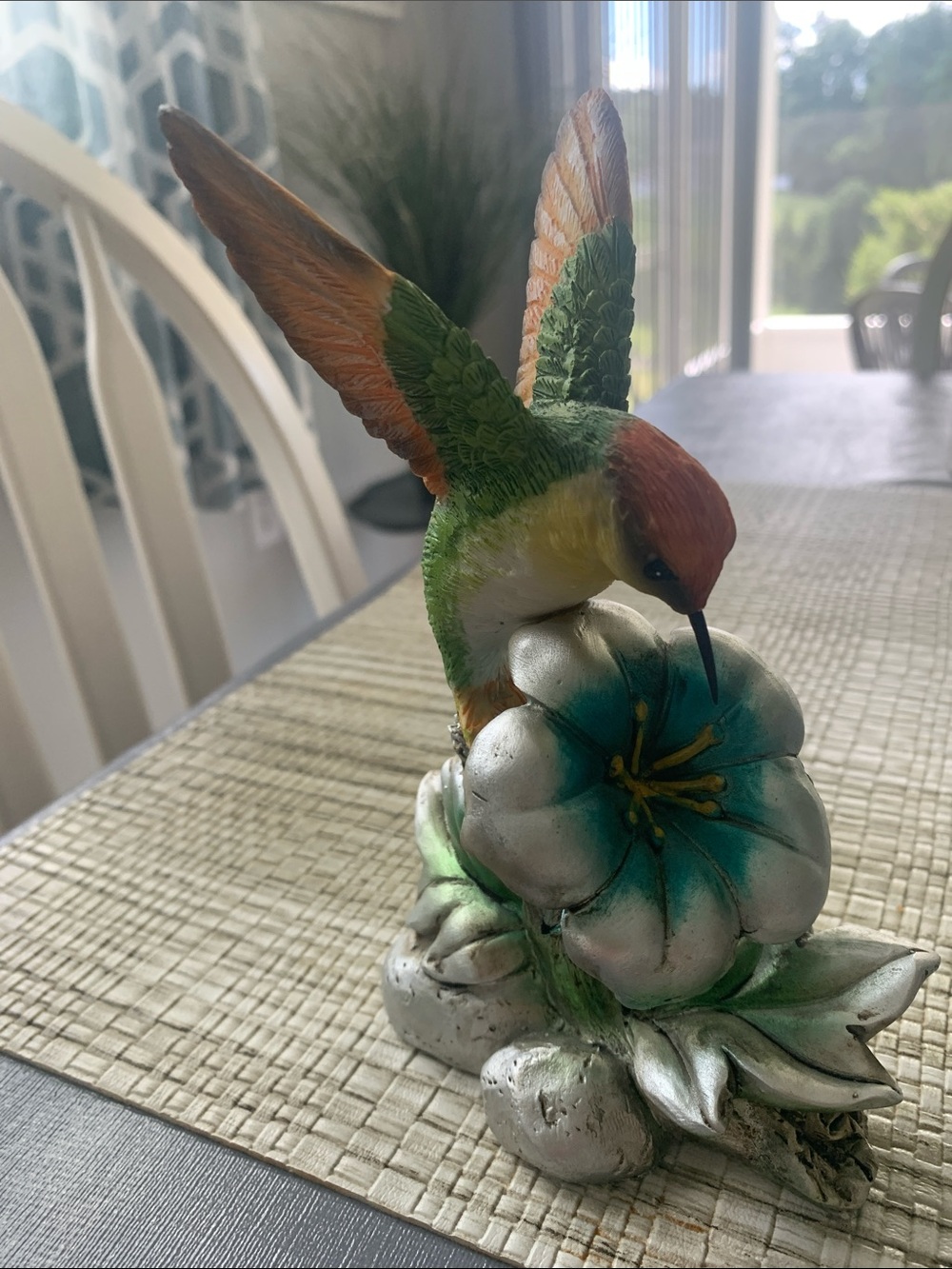 Hand-Painted Hummingbird Figurine in Green and Orange - Decorative Floral Accent
